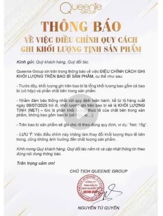 Thông báo về việc điều chỉnh quy cách ghi khối lượng tịnh sản phẩm