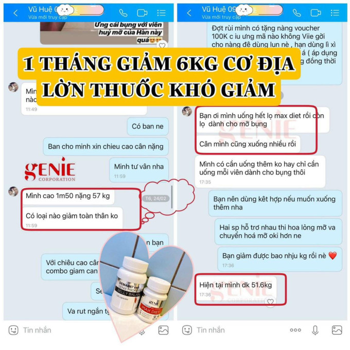 Hình ảnh review từ khách hàng sau khi dùng MAX DIET GENIE Hàn Quốc